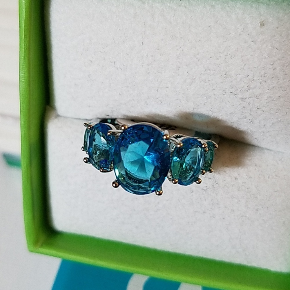 Blue Teal & Rhinestones Silver Tone Ring